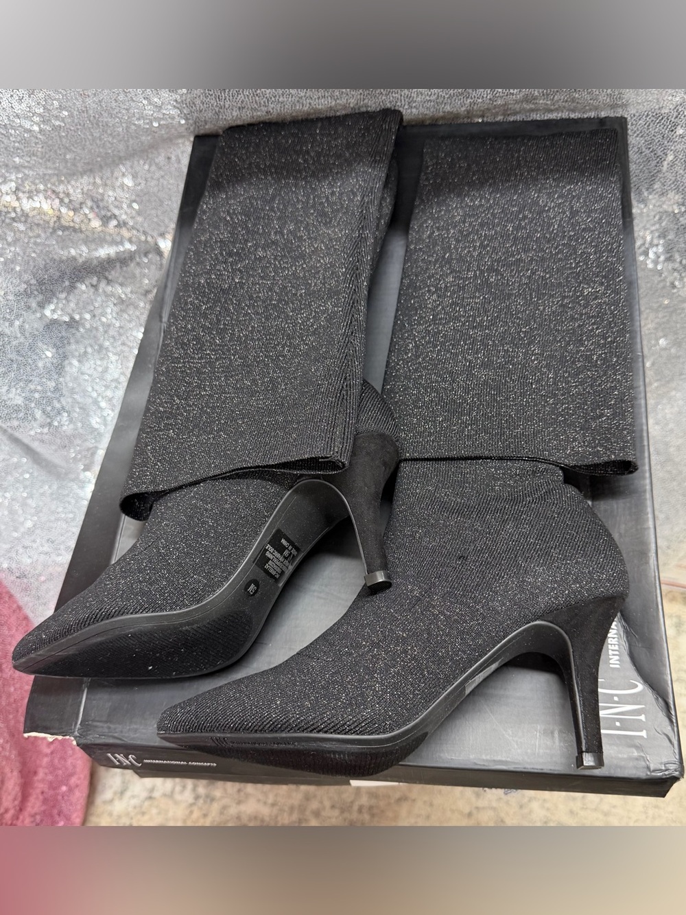 INC International Concepts Black Sparkle Knee-High Stiletto Boots